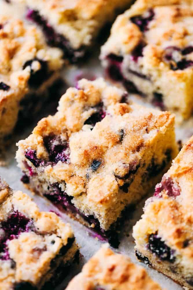 Blueberry buttermilk breakfast cake is so easy to throw together for breakfast. It is incredibly moist, buttery, and bursting with fresh blueberries inside. One piece is never enough! Blueberry buttermilk breakfast cake cut into slices.