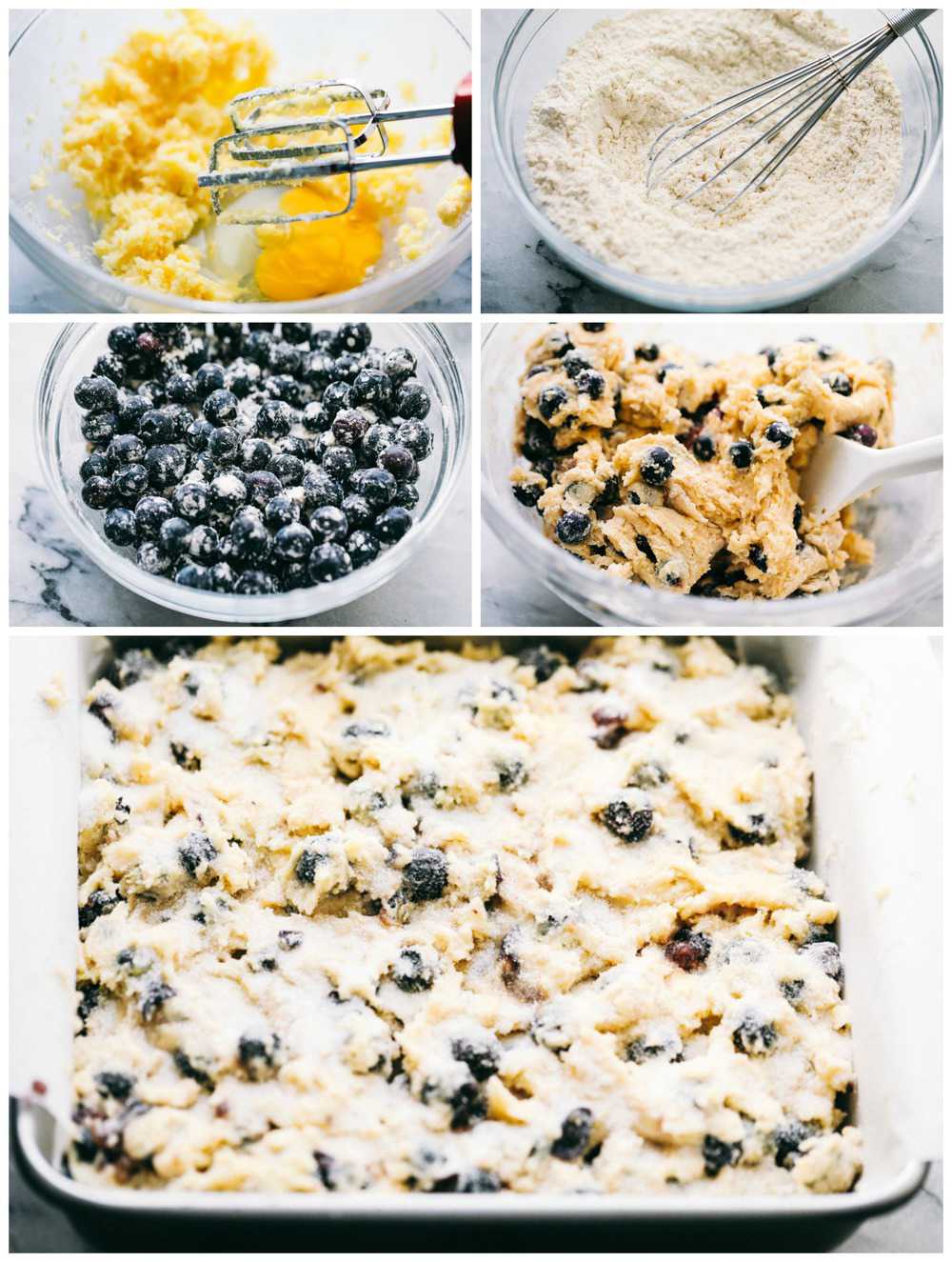 Blueberry buttermilk breakfast cake is so easy to throw together for breakfast. It is incredibly moist, buttery, and bursting with fresh blueberries inside. One piece is never enough! 5-photo collage of cake batter being prepared.