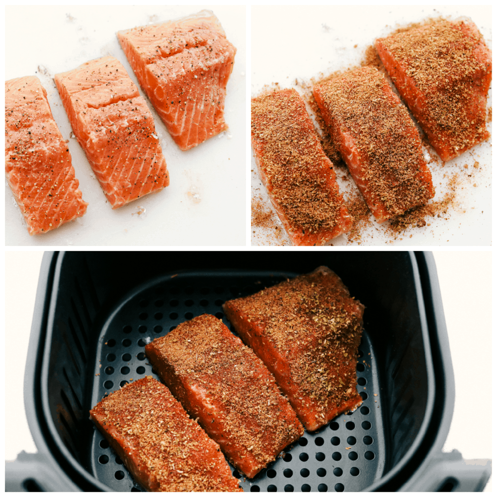 Melt-in-your-mouth brown sugar garlic air fryer salmon is juicy, tender and full of flavor. Salmon is so good, especially when it's cooked right, and the air fryer makes it perfect every time! It's an easy, hands-off way to make a scrumptious meal. Seasoning salmon with brown sugar and garlic, then adding it to an air fryer basket.
