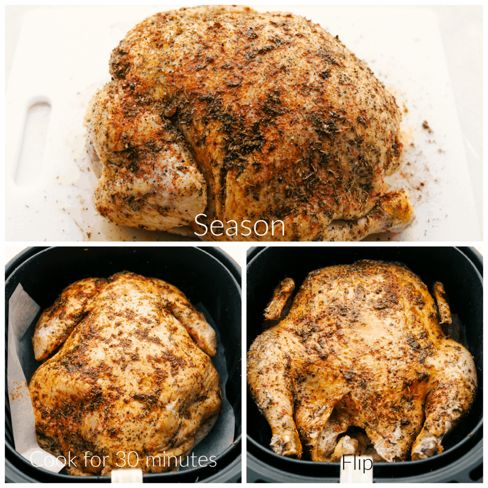 Air Fryer Whole Chicken is going to change the way you do chicken! Super easy, it comes out perfectly tender, juicy and full of flavor! Seasoning the chicken, cooking it and flipping it in the air fryer.